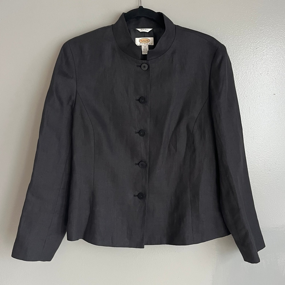 Talbots Irish Linen Jacket Womens 12P Black Vintage Mandarin Collar Minimalist